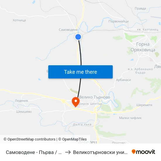 Самоводене - Първа / Samovodene - First to Великотърновски университет Корпус 4 map