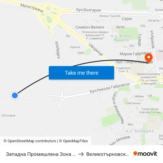 Западна Промишлена Зона - Първа / West Industrial Zone - First to Великотърновски университет Корпус 4 map