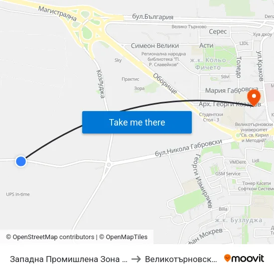Западна Промишлена Зона - Първа / West Industrial Zone - First to Великотърновски университет Корпус 4 map