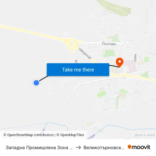 Западна Промишлена Зона - Втора / West Industrial Zone - Second to Великотърновски университет Корпус 4 map