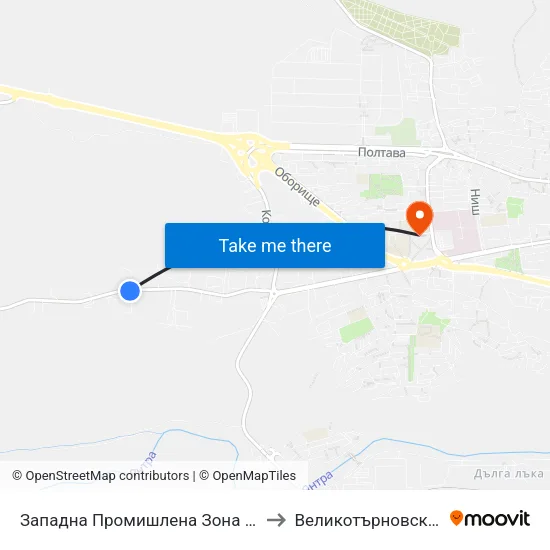 Западна Промишлена Зона - Втора / West Industrial Zone - Second to Великотърновски университет Корпус 4 map