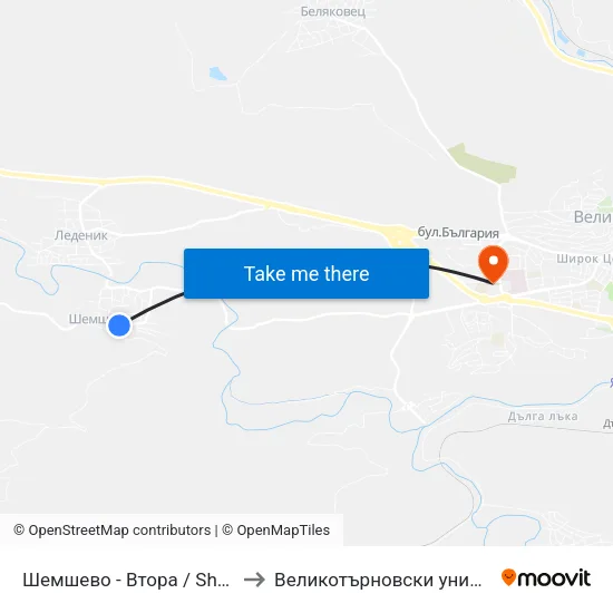 Шемшево - Втора / Shemshevo - Second to Великотърновски университет Корпус 4 map