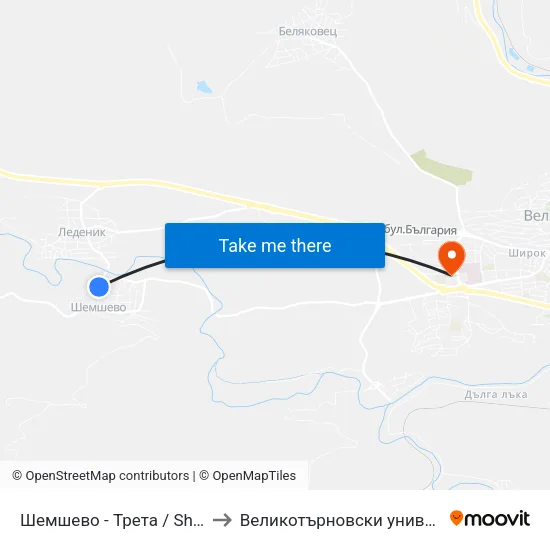 Шемшево - Трета / Shemshevo - Third to Великотърновски университет Корпус 4 map