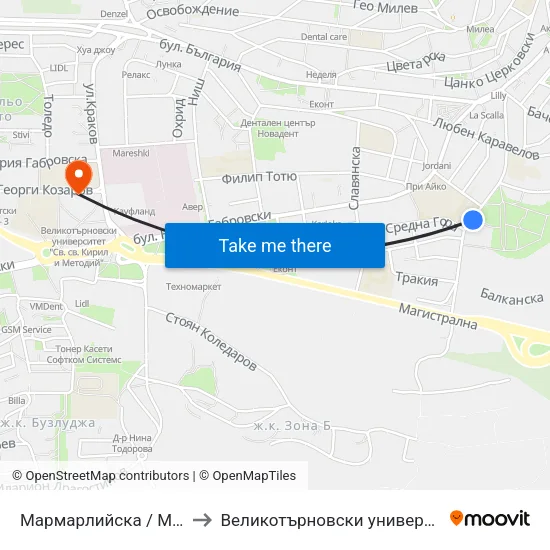 Мармарлийска / Marmarliyska to Великотърновски университет Корпус 4 map