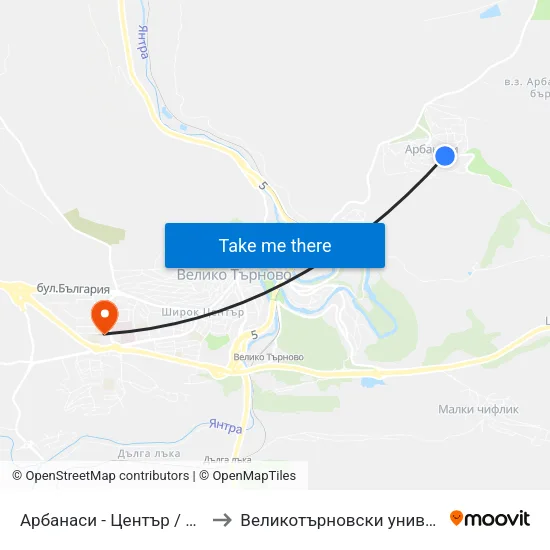 Арбанаси - Център / Arbanasi - Centre to Великотърновски университет Корпус 4 map