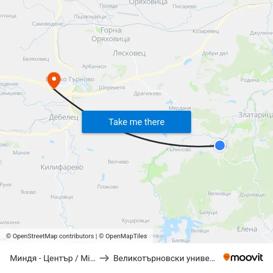 Миндя - Център / Mindya - Centre to Великотърновски университет Корпус 4 map