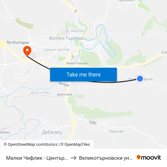Малки Чифлик - Център / Malki Chiflik - Centre to Великотърновски университет Корпус 4 map
