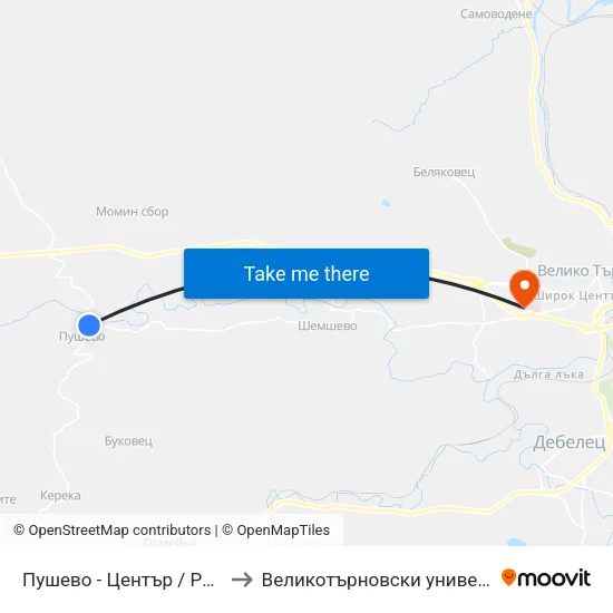 Пушево - Център / Pushevo - Centre to Великотърновски университет Корпус 4 map