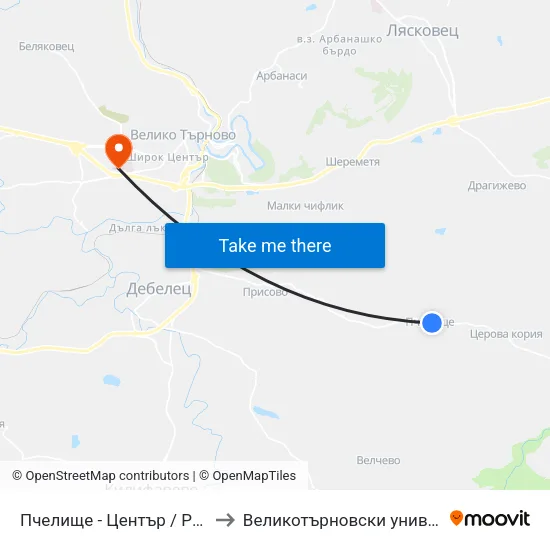 Пчелище - Център / Pchelishte - Centre to Великотърновски университет Корпус 4 map