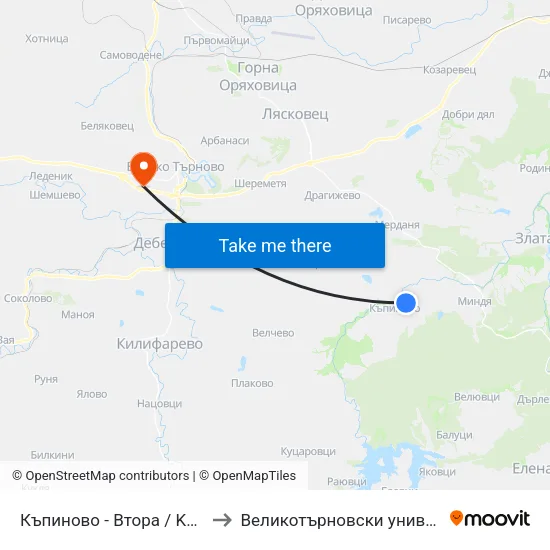 Къпиново - Втора / Kapinovo - Second to Великотърновски университет Корпус 4 map