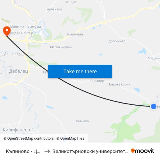 Къпиново - Център / Kapinovo - Centre to Великотърновски университет Корпус 4 map