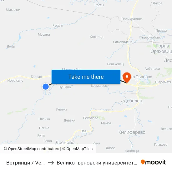 Ветринци / Vetrintsi to Великотърновски университет Корпус 4 map