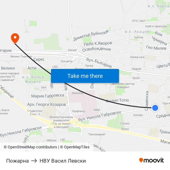 Пожарна to НВУ  Васил Левски map