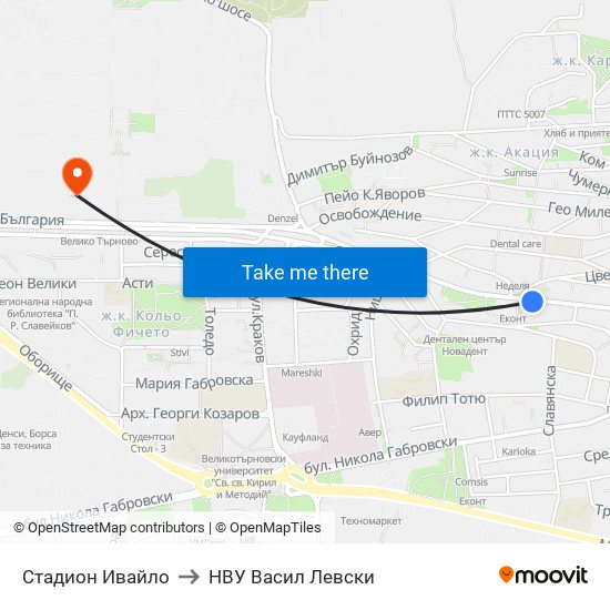 Стадион Ивайло / Ivaylo Stadium to НВУ  Васил Левски map