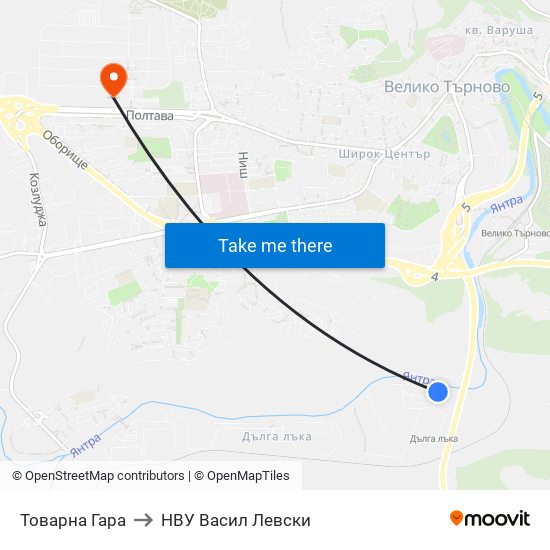 Товарна Гара to НВУ  Васил Левски map