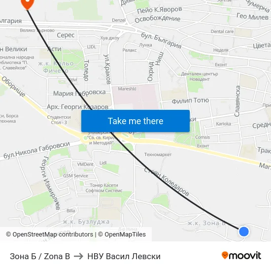 Зона Б / Zona B to НВУ  Васил Левски map
