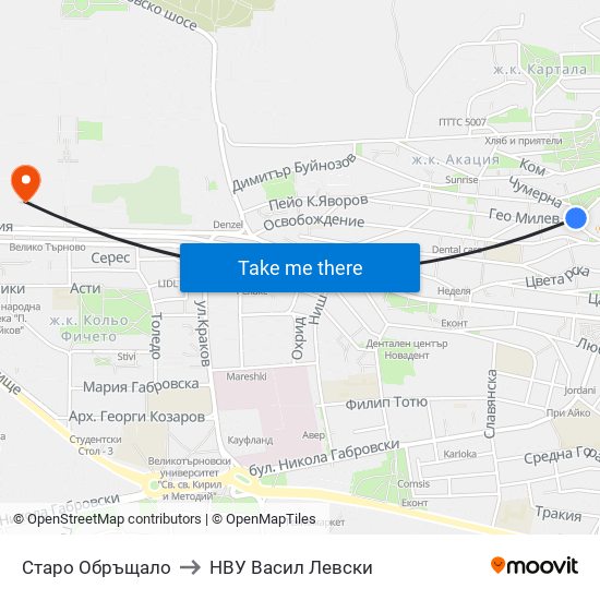 Старо Обръщало to НВУ  Васил Левски map