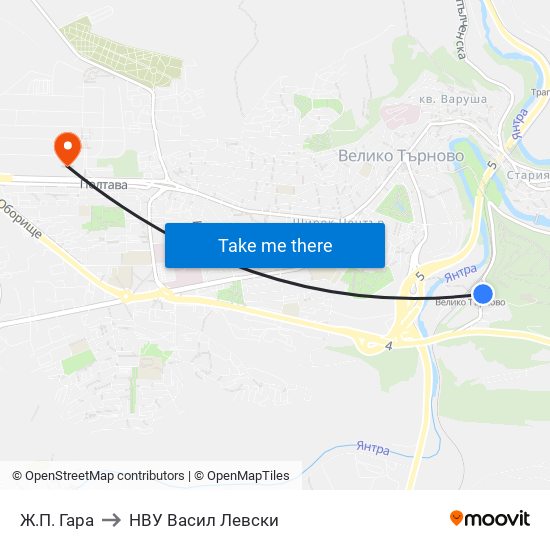 Ж.П. Гара to НВУ  Васил Левски map