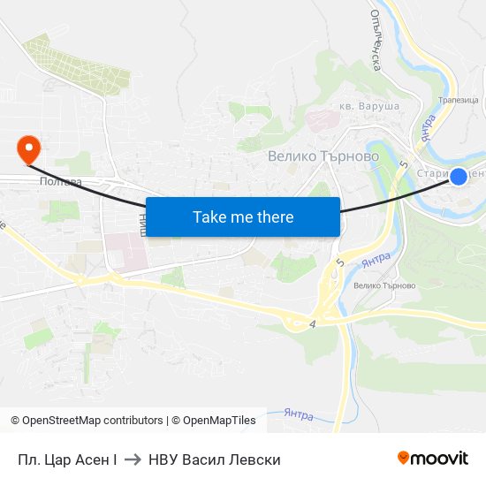 Пл. Цар Асен I to НВУ  Васил Левски map