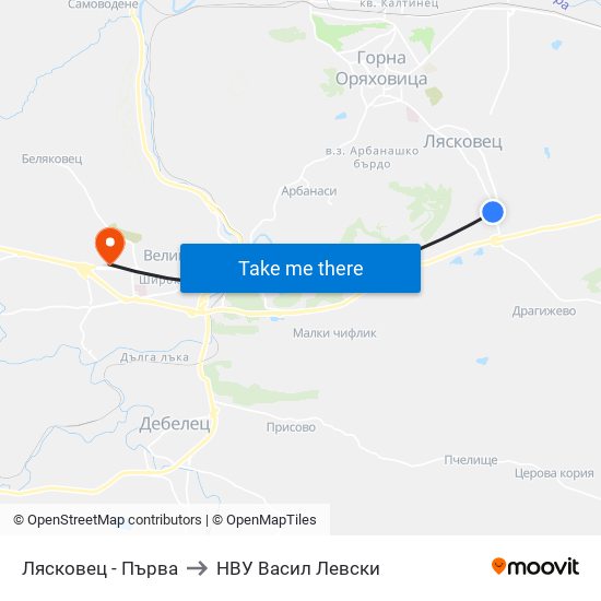 Лясковец - Първа to НВУ  Васил Левски map