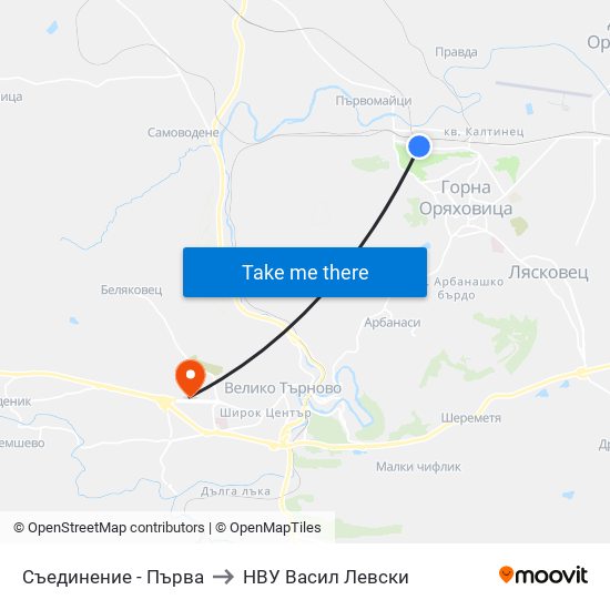 Съединение - Първа to НВУ  Васил Левски map