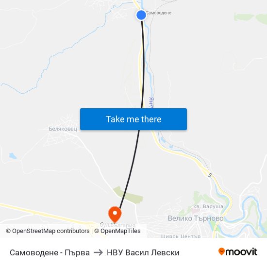 Самоводене - Първа to НВУ  Васил Левски map