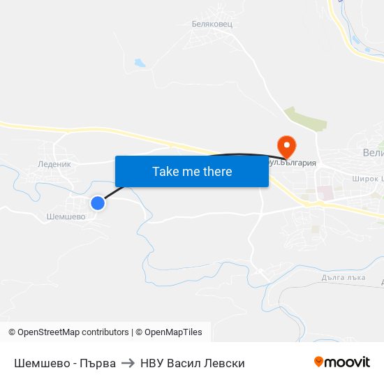 Шемшево - Първа / Shemshevo - First to НВУ  Васил Левски map