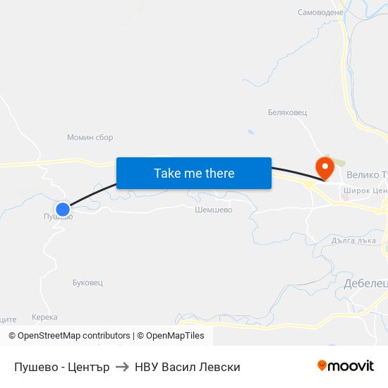 Пушево - Център / Pushevo - Centre to НВУ  Васил Левски map