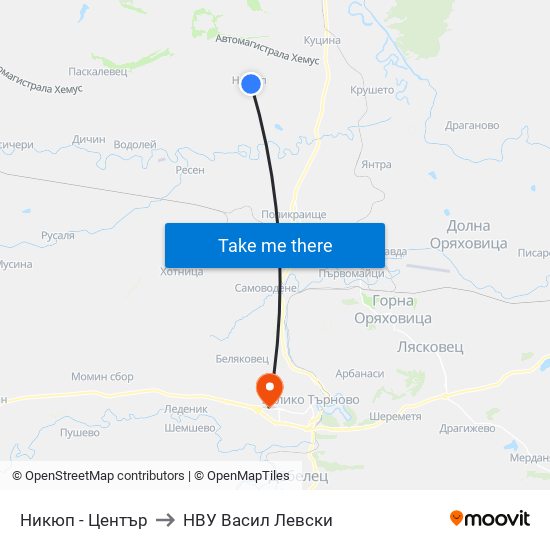 Никюп - Център / Nikyup - Centre to НВУ  Васил Левски map