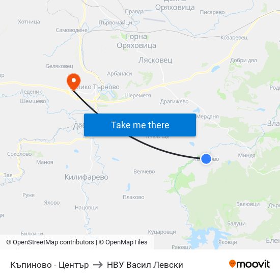 Къпиново - Център / Kapinovo - Centre to НВУ  Васил Левски map