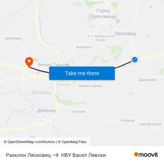 Разклон Лясковец to НВУ  Васил Левски map