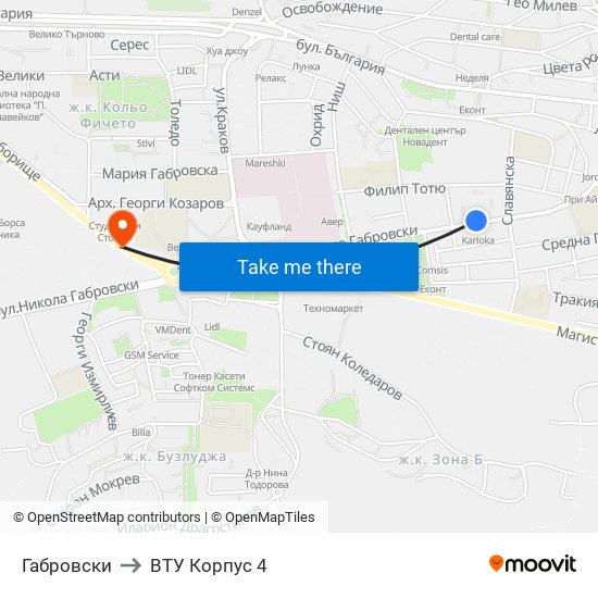 Габровски / Gabrovski to ВТУ Корпус 4 map