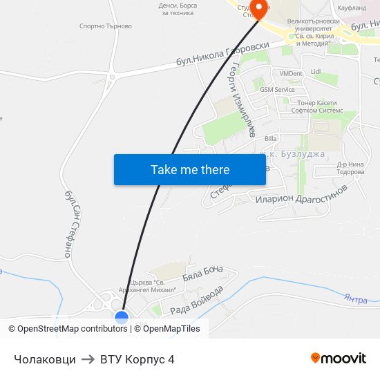 Чолаковци / Cholakovtsi to ВТУ Корпус 4 map