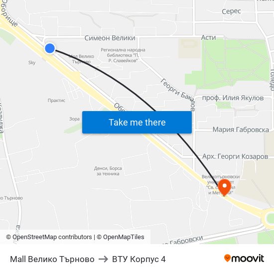 Мол Велико Търново / Mall Veliko Tarnovo to ВТУ Корпус 4 map