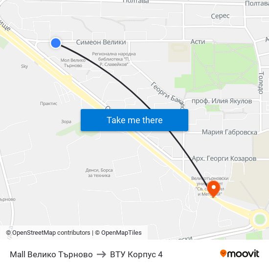 Мол Велико Търново / Mall Veliko Tarnovo to ВТУ Корпус 4 map