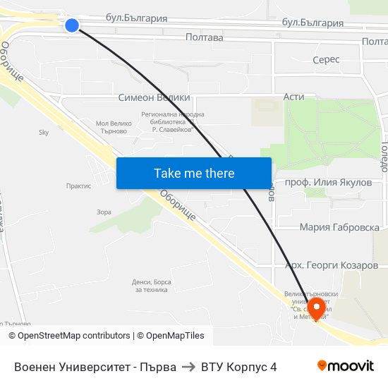 Военен Университет - Първа to ВТУ Корпус 4 map