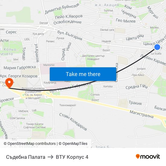 Съдебна Палата to ВТУ Корпус 4 map