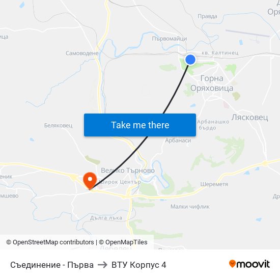 Съединение - Първа to ВТУ Корпус 4 map