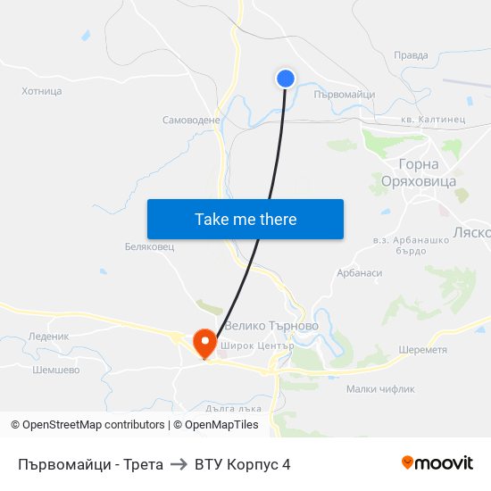 Първомайци - Трета to ВТУ Корпус 4 map