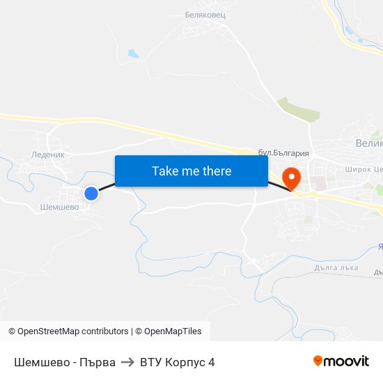 Шемшево - Първа / Shemshevo - First to ВТУ Корпус 4 map