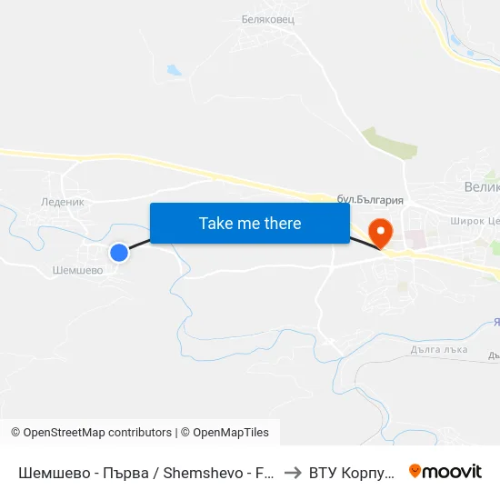 Шемшево - Първа / Shemshevo - First to ВТУ Корпус 4 map