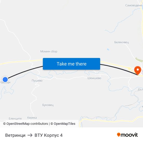 Ветринци / Vetrintsi to ВТУ Корпус 4 map