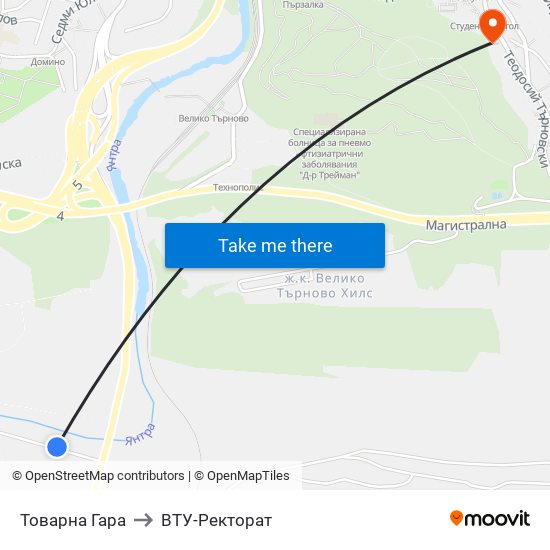 Товарна Гара / Freight Station to ВТУ-Ректорат map