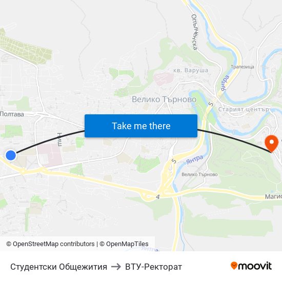 Студентски Общежития / Student Dormitories to ВТУ-Ректорат map