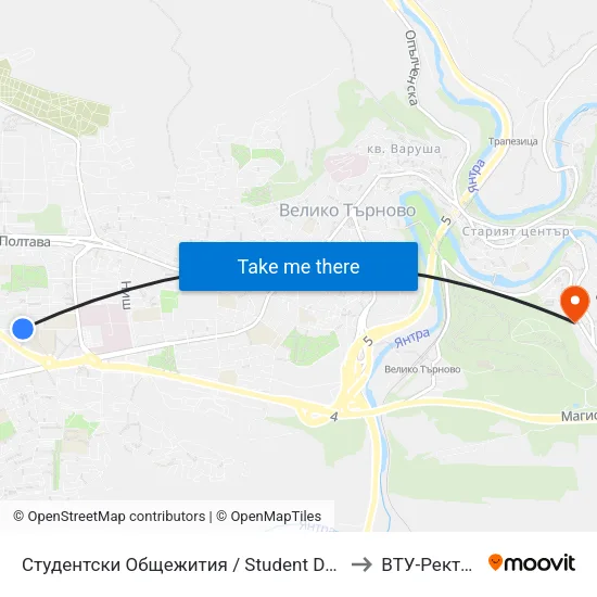 Студентски Общежития / Student Dormitories to ВТУ-Ректорат map