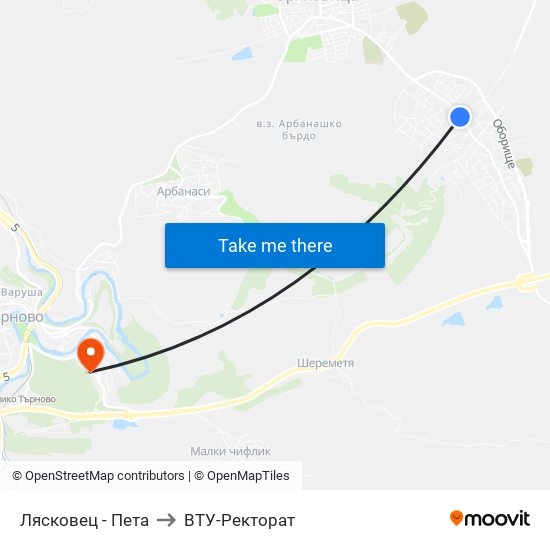 Лясковец - Пета to ВТУ-Ректорат map