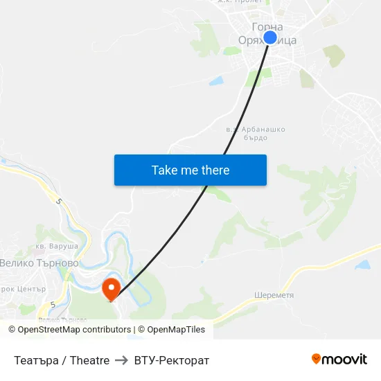 Театъра / Theatre to ВТУ-Ректорат map