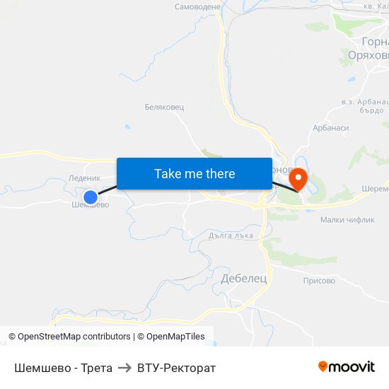 Шемшево - Трета / Shemshevo - Third to ВТУ-Ректорат map