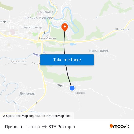 Присово - Център / Prisovo - Centre to ВТУ-Ректорат map