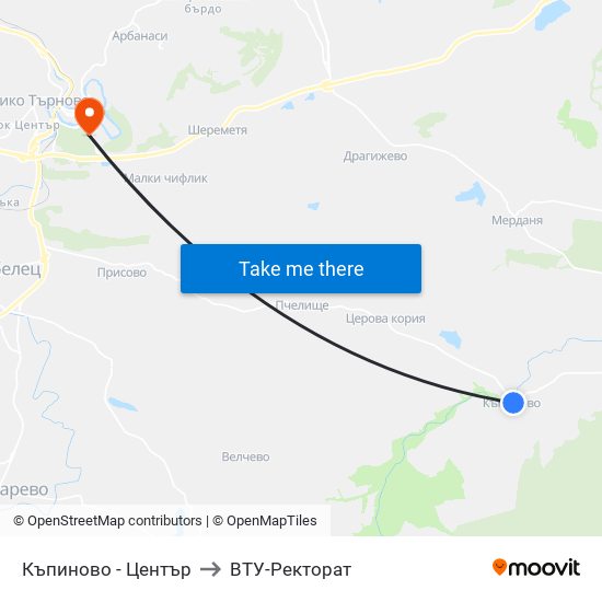 Къпиново - Център to ВТУ-Ректорат map